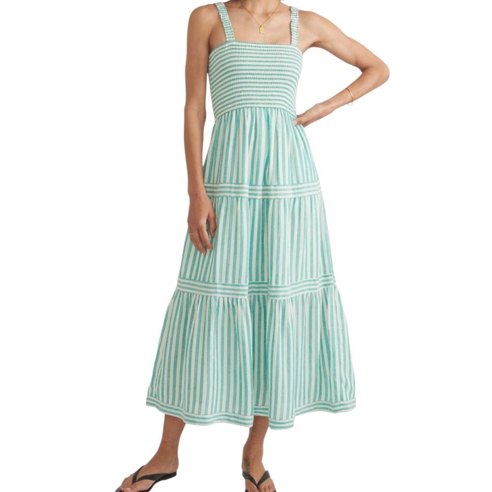 Marine Layer Selena Striped Smocked Tiered Midi Sundress Turquoise White Dress M